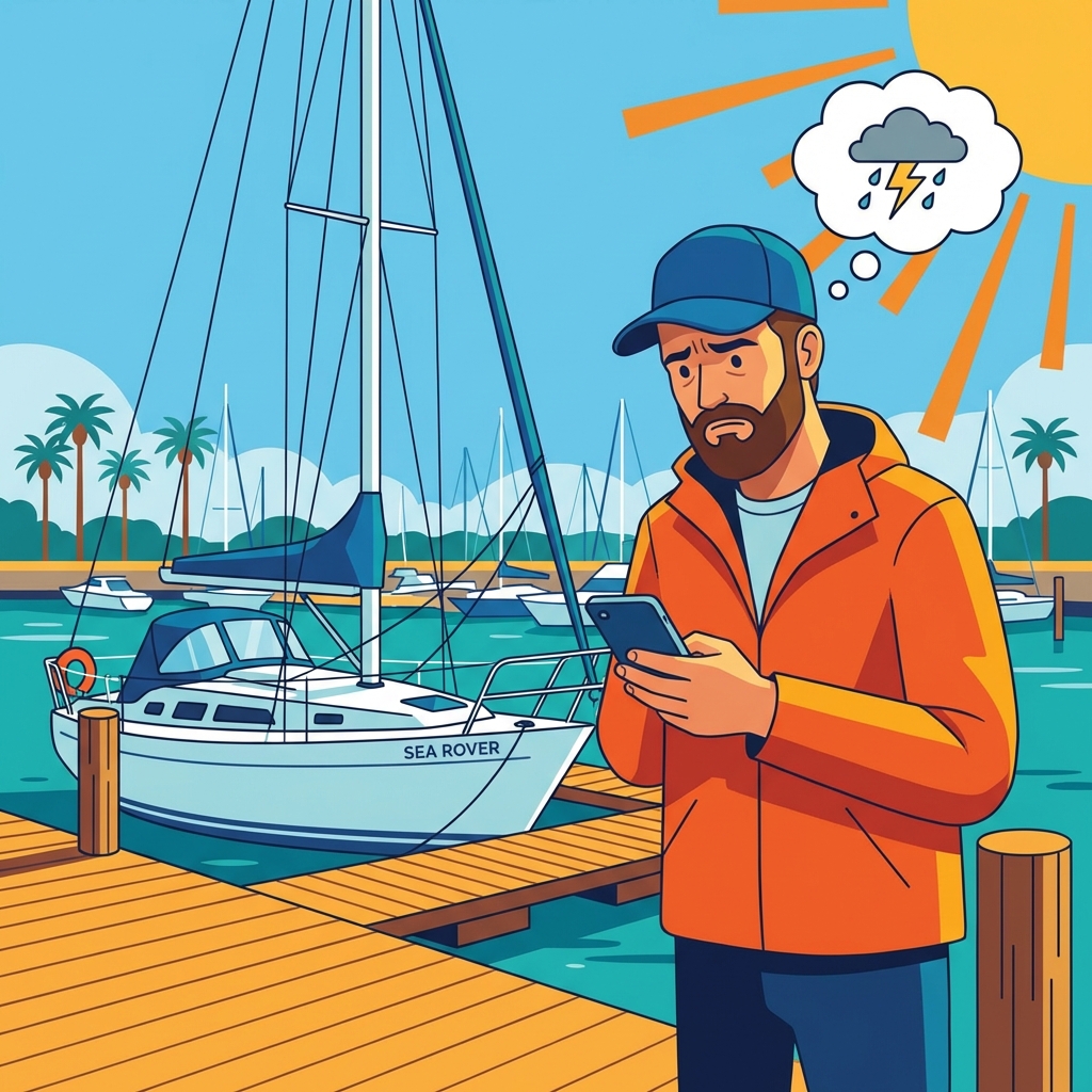 Proprietário de barco preocupado no cais